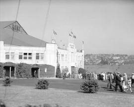 C.P. Exhibition - entrance to grounds [and the Exhibition Forum building]