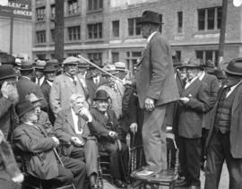 [Frank Hart speaking to other pioneers gathered for the Maple Tree Monument unveiling on the sout...