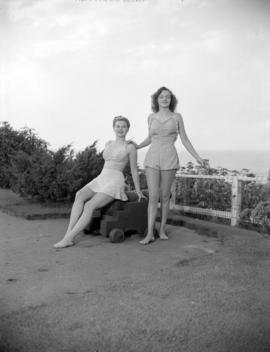 [Two women modeling bathing suits on the Royal Vancouver Yacht Club grounds]