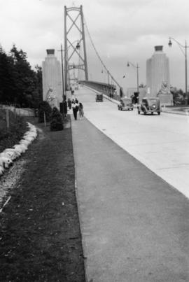 View of Lion's Gate Bridge from west side of road [facing north at entrance to bridge]