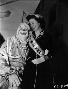 Miss P.N.E., Lynn Adcock, posing with clown