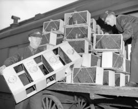 C.N.R. [employees unloading] bee [hives]