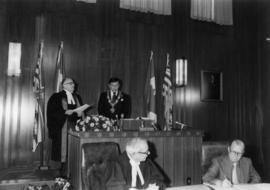 City council inauguration : Reverend R.A. Redman, R. Henry, Mayor J.J. Volrich and the Honorable ...