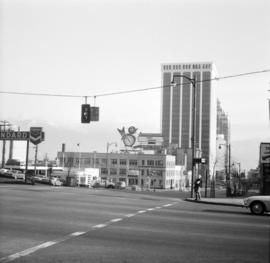 View North on Burrard St. at Georgia St.; Bowell McLean Motor Co.; Bentall I Bldg [building]; Mar...