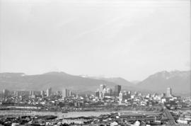 Downtown cityscape over Mount Pleasant, Fairview, and False Creek