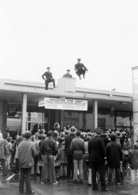 [View of fire prevention demonstration by Vancouver Fire Department firefighters at Oakridge Shop...