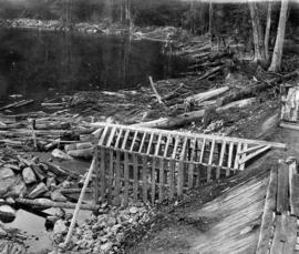 Burwell Lake, view N[orth. W[est]. [north east?] along Dam face showing lake at its original wate...