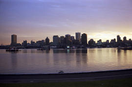[Downtown Vancouver skyline from the shoreline, Stanley Park]