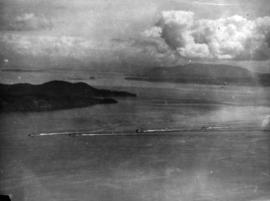 [Aerial view of S.S. "Prince Robert" en route to mainland with King George VI and Queen...