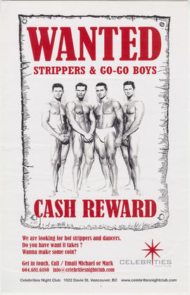 Wanted : stripers and go-go boys : cash reward : Celebrities Night Club