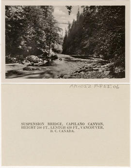 Suspension Bridge, Capilano Canyon, Height 200 ft,, Lentgh [Length] 450 ft, Vancouver, B.C. Canada