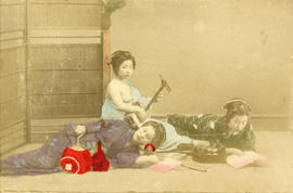 [Studio portrait of three women in traditional Japanese dress]