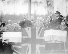 [Dr. Sutherland delivering the address at the opening ceremony for the first Second Narrows Bridge]