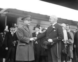 [Symphonic band of the Royal Belgian Guards, Capt. A. Prevost, being greeted at Great Northern st...