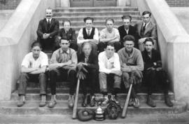 [Mr. Gray and the baseball team on the steps of Edith Cavell School at the corner of Tupper Stree...