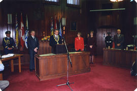 Roméo LeBlanc, Mayor Philip Owen, Brita Owen and Diana Fowler LeBlanc in council chambers