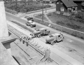 [Concrete mixer] trucks at Grandview School [under construction on Woodland Drive]