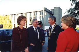 Mayor Philip Owen and Brita Owen greet Diana Fowler LeBlanc and Roméo LeBlanc at City Hall