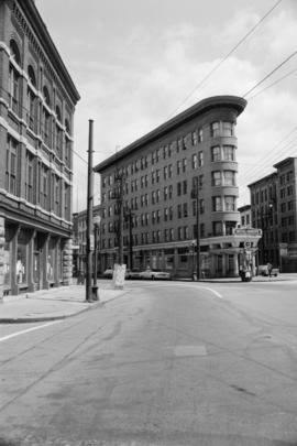 [View of Hotel Europe (43 Powell Street) from the intersection of Carrall and Water Streets, 2 of 6]