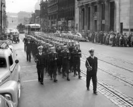 [Procession on Hastings Street of sailors from Chilean ship "Presidente Pinto"]