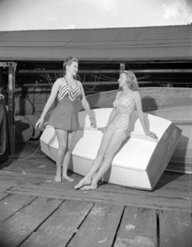 [Two women modeling bathing suits at the Royal Vancouver Yacht Club]