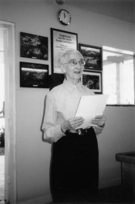 June Binkert at SOPA plaque unveiling for Kanaka Creek Regional Park