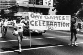 Gay Games III Celebration '90 banner at Pride 1989