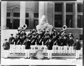 [Group portrait of Firemen's Band on steps of Vancouver Court House]