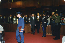 Roméo LeBlanc and Mayor Philip Owen enter council chambers
