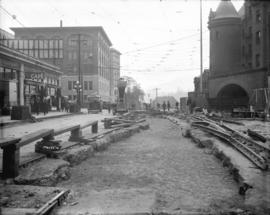 [Excavated street at Cordova and Granville, for realignment of street and streetcar tracks with s...