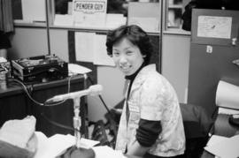 A Pender Guy volunteer at an on-air broadcast from Strathcona Community Centre