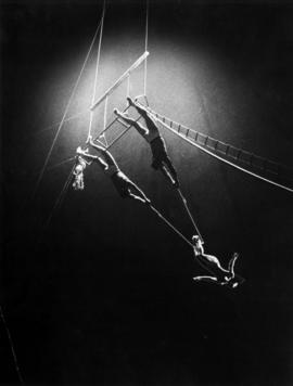 Trapeze artists performing in circus act