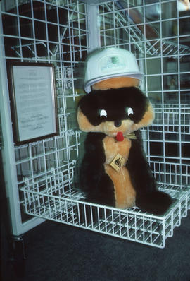 Spruce Grove mascot stuffed animal on display at Park Royal