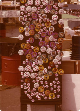 Novelty and souvenir buttons on display