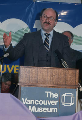 Mike Harcourt speaking at Vancouver's 99th birthday celebration at the Vancouver Museum