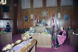Her Honour Judge Jane Auxier and Mayor Campbell at the podium in the Council Chambers