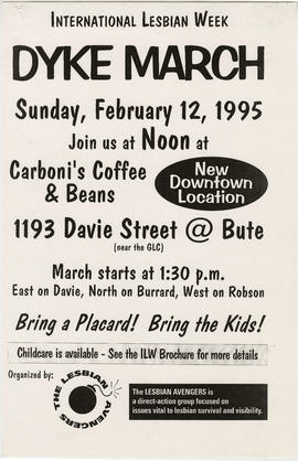 International lesbian week : dyke march : Sunday, February 12, 1995 : join us at noon at Carboni'...