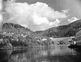 [View of Ocean Falls and the dam from the water]