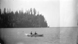 [Two men in rowboat near Prospect Point, and wrecked ship "Beaver" in the distance]