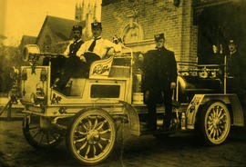 Fire engine in front of No. 6 Hall at 1500m Nelson Street