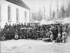 [Sechelt Indian marching band outside church on reserve]