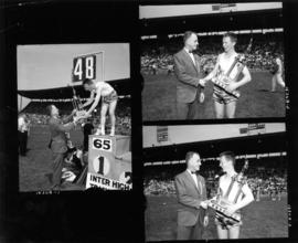 Bert Morrow presenting trophy : [to 1965 Inter High Track first place winner]