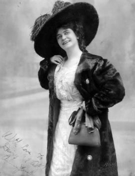 [Fellow actress of Layne's in large beaver hat and fur coat, signed "Jordan"]