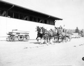 Four-horse team pulling wagon by stables