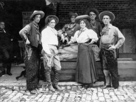 [Alfred T. Layne, actor, centre back row and Bertha Creighton (?), actress, with fellow actors in...