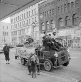 [Vancouver Fire Department truck and staff on street publicizing muscular dystrophy campaign]
