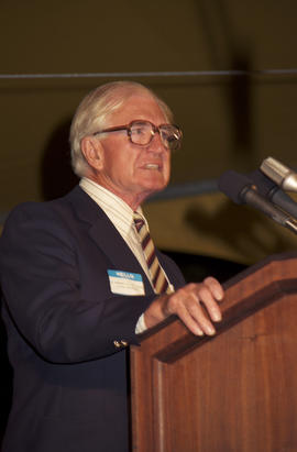 H.P. Bell-Irving speaking at the lighting of the Peace Flame Monument ceremony