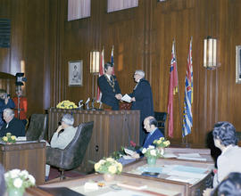 Mayor Arthur Phillips gasping hands with the Honourable Mr. Justice Branca