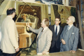 Mike Harcourt, Ferdinand Petrov, unidentified man and Fraser Wilson in front of mural