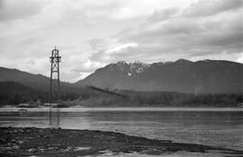 [View of the Lions Gate Bridge under construction  on the north shore]